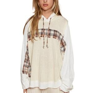 POL Plaid Contrast Hooded Top Cream Beige Small Boho Relaxed Hi Low